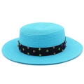 Chapeau Panama en paille bleue pour femme avec strass colorés et ruban noir élégant - Bleu lac