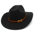 Chapeau de cowboy classique en feutre noir avec ruban en cuir marron et boucle infini dorée - Noir