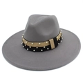 Detail view of grey wide brim fedora with gold-black ribbon, pearls, and rhinestones - Gray