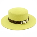 Straw boater hat with leopard ribbon and pearl accents for summer beach vacation - Neon Yellow