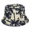 Reversible canvas bucket hat with black palm tree print for summer outdoor sun protection - Beige