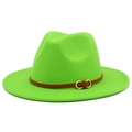 Detail of neon green wool fedora hat featuring a brown leather band and gold buckle - One Size / Fluorescent Green