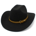 Detail of black wool felt cowboy hat with mustard yellow leather band and gold buckle - Black