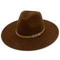 Close-up of wide brim wool fedora hat with khaki leather strap and gold metal buckle detail - One Size / Coffee