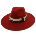 Detail of burgundy fedora with black-gold ribbon, white pearls, and rhinestones - Burgundy