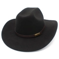 Detail of black wool felt cowboy hat with dark brown leather band and gold buckle - Black