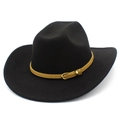 Détail du chapeau de cowboy noir avec bandeau en cuir brun et boucle dorée - Noir