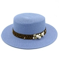 Detail of blue boater straw hat with leopard print ribbon and decorative pearls - Light Blue