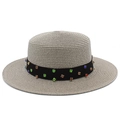 Détails du chapeau de paille gris clair avec ruban décoré de strass colorés brillants - Gris