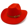 Classic red wool fedora hat with wide brim featuring a brown leather belt and gold heart charm - Red