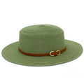 Chapeau de paille canotier vert avec ruban en cuir marron et boucle dorée élégante - Taille unique / Vert Herbe
