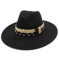 Detail of black wide brim felt fedora hat featuring pearl and rhinestone ribbon band - Black
