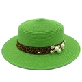 Close-up of woven straw hat with leopard print ribbon and white pearl daisy accents - Emerald Green