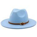 Detailed close-up of light blue felt fedora featuring a thin brown leather belt and gold buckle - One Size / Light Blue