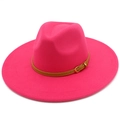 Rose red wool fedora hat with a wide brim and decorative brown leather belt strap - One Size / Rose Red