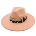 Detail of light pink wool felt hat with pearl and rhinestone embellished decorative band - Flesh Pink