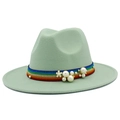 Detail of light green wool fedora hat with rainbow ribbon and white pearl accents - Mint Green