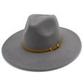 Detail of wide brim fedora hat in grey felt with brown leather belt and gold buckle - One Size / Gray
