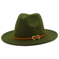 Detail of olive green fedora hat featuring a brown leather band and gold metal buckle - One Size / Army Green