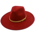 Detail of burgundy wool fedora hat with a khaki decorative band and golden metal buckle - One Size / Burgundy