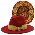 Classic red wide brim fedora with brown belt and leopard print lining on the underside - Burgundy
