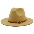 Close-up of khaki wool fedora hat featuring a brown leather belt with gold double-ring buckle - One Size / Camel
