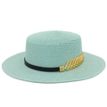 Chic flat top mint green straw sun hat with black ribbon and gold leaf accent - Mint Green