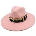 Detail of pink wide brim fedora hat featuring pearl and rhinestone embellished band - Pink