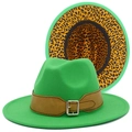 Green Fedora hat with leopard print lining and brown leather belt for men and women - Green