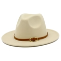 Classic cream wool fedora hat with brown leather band and gold buckle on white background - One Size / Beige