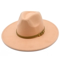 Detail of peach pink wool fedora hat with green leather band and gold buckle - One Size / Flesh Pink