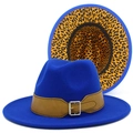 Royal blue fedora hat detail featuring leopard print lining and brown leather belt - Sapphire Blue
