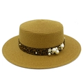 Detail of khaki straw hat featuring leopard print ribbon, white pearls and floral accents - Brown