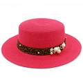 Elegant wide brim straw sun hat with leopard print ribbon and pearls for beach vacation - Rose Red