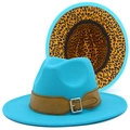 Vintage cyan fedora hat with leopard print lining and brown leather belt buckle - Sky Blue