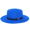 Chapeau de paille bleu à sommet plat avec ruban noir et boucle dorée pour le soleil - Taille unique / Bleu saphir