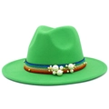 Detail showing the green wool fedora with vibrant rainbow ribbon and pearl embellishments - Grass Green