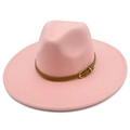 Detailed view of pink wide brim wool fedora with brown leather band and gold buckle - One Size / Pink
