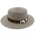 Detailed top view of a flat top straw boater hat with leopard print ribbon and pearl accents - Gray