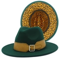 Detail view of dark green fedora with leopard print lining and brown belt buckle - Dark Green