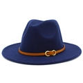 Detail of navy blue wool fedora hat featuring a brown leather band and gold buckle - One Size / Dark Blue