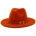 Detail of orange wool fedora with brown leather band and gold double ring buckle detail - One Size / Dark Orange