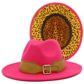 Detail of rose pink fedora hat with brown leather strap and leopard print lining - Rose Red