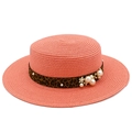 Detail of pink straw hat featuring leopard print band with white pearls and flower - Pink