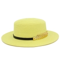 Close-up of lemon yellow straw boater hat featuring a black band and gold leaf buckle - Neon Yellow