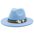 Close-up of light blue wool fedora with iridescent band, white pearls and floral detail - Light Blue