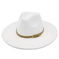 Detail view of white wool fedora with light brown leather band and gold buckle - One Size / White