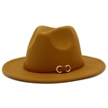 Close-up of camel wool fedora hat featuring a brown leather band and gold metal buckle - One Size / Brown
