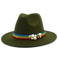 Close-up of olive green wool fedora with rainbow ribbon, pearls and floral accents - Army Green