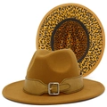 Detail of wide brim fedora hat featuring leather belt buckle and leopard print lining - Brown